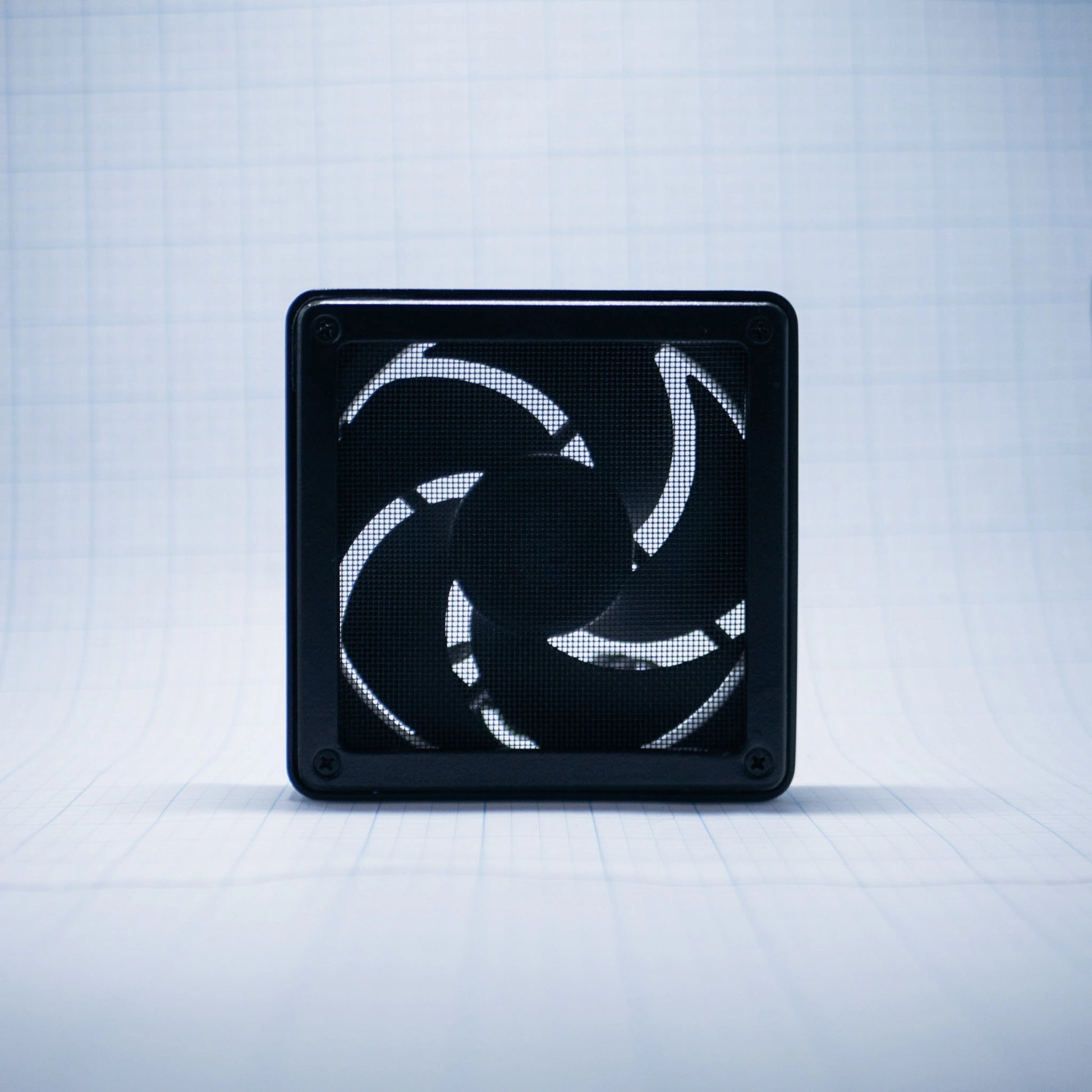 Black shell with black mesh - 120mm Fan Shroud Filter & Outer Cover front view against white background with grid pattern. 