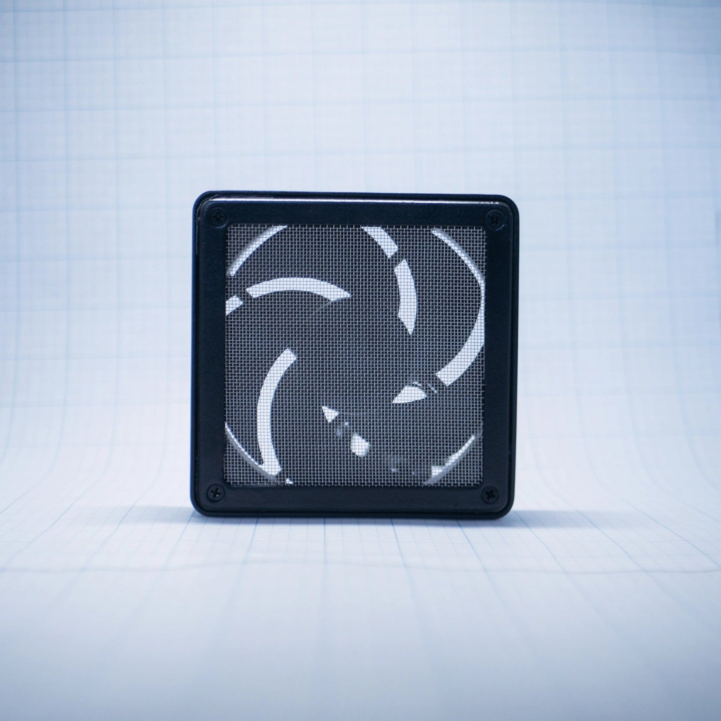 Black shell with raw steel mesh - 120mm Fan Shroud Filter & Outer Cover front view against white background with grid pattern. 