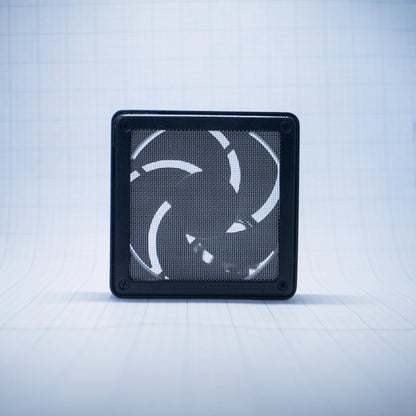 Black shell with raw steel mesh - 120mm Fan Shroud Filter & Outer Cover front view against white background with grid pattern. 