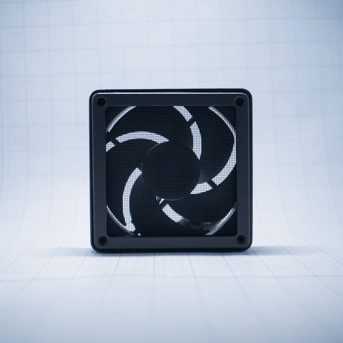 Charcoal Gray shell with charcoal gray mesh - 120mm Fan Shroud Filter & Outer Cover front view against white background with grid pattern. 