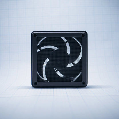 Charcoal Gray shell with charcoal gray mesh - 120mm Fan Shroud Filter & Outer Cover front view against white background with grid pattern. 