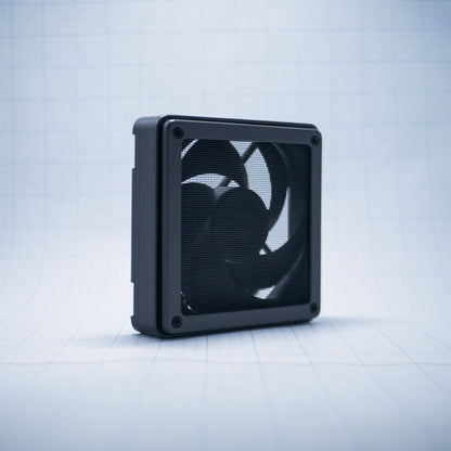Charcoal gray with Charcoal gray 120mm Fan Shroud Filter & Outer Cover with an angled front view against white background with grid pattern. 