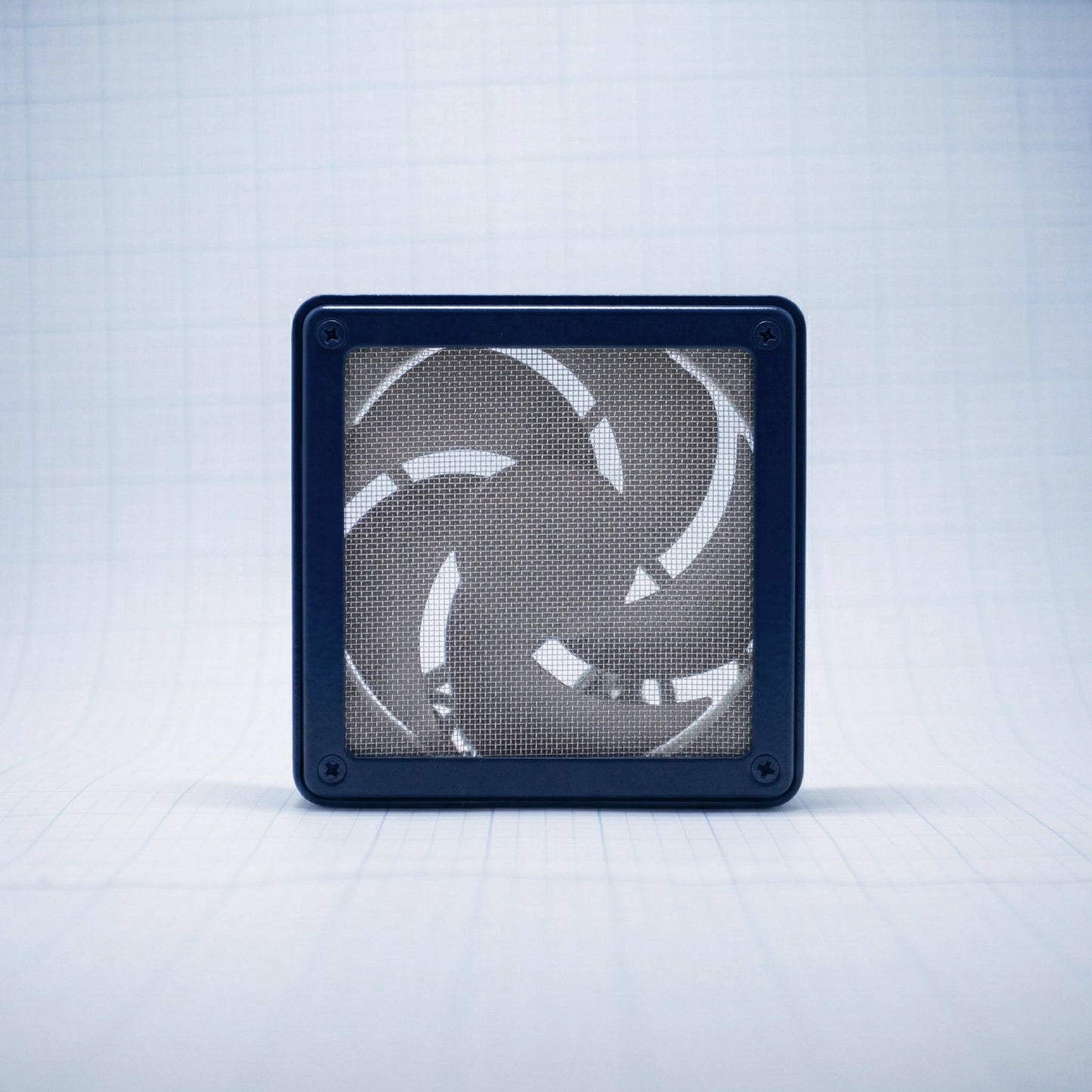 Navy Blue shell with raw steel mesh - 120mm Fan Shroud Filter & Outer Cover front view against white background with grid pattern. 