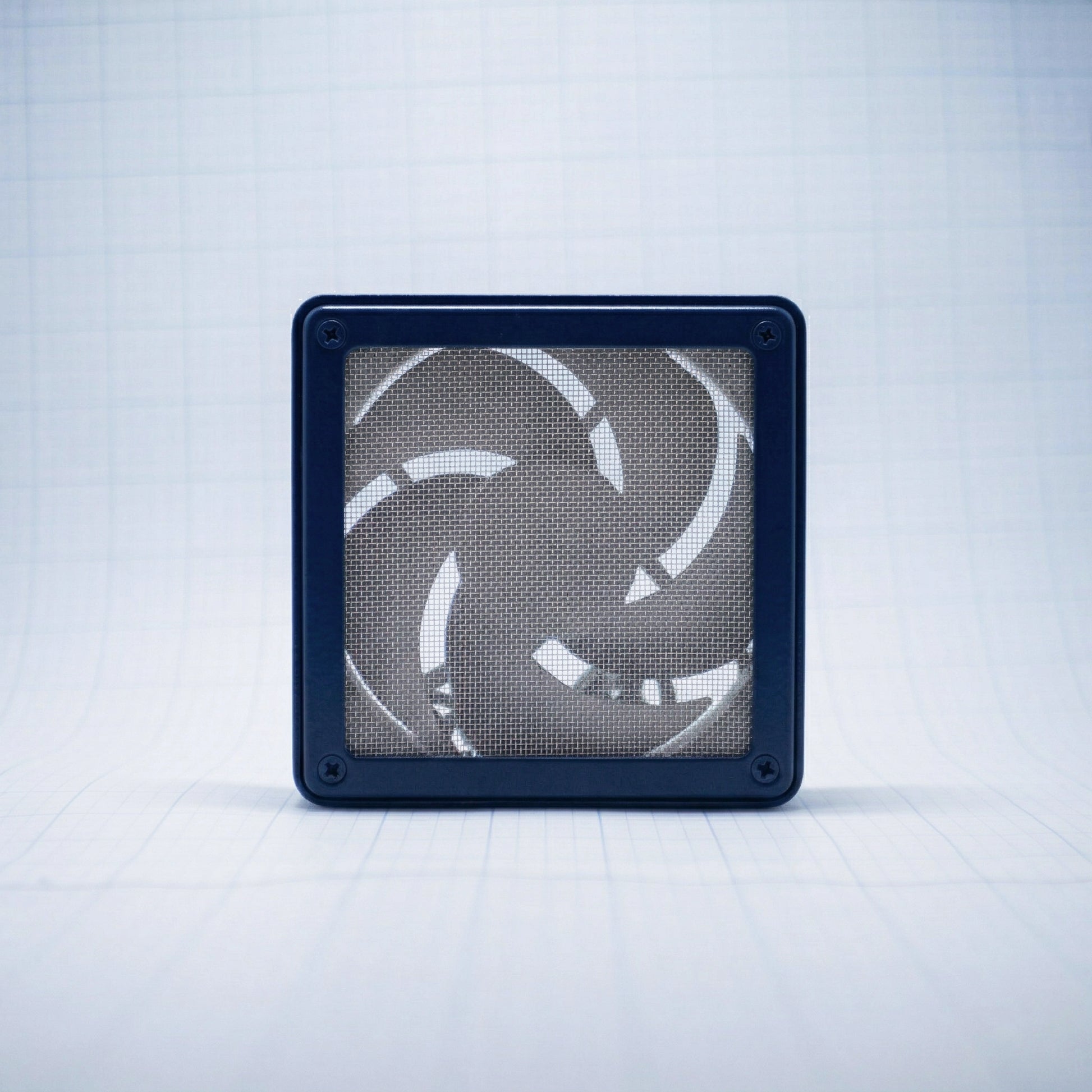 Navy Blue shell with raw steel mesh - 120mm Fan Shroud Filter & Outer Cover front view against white background with grid pattern. 