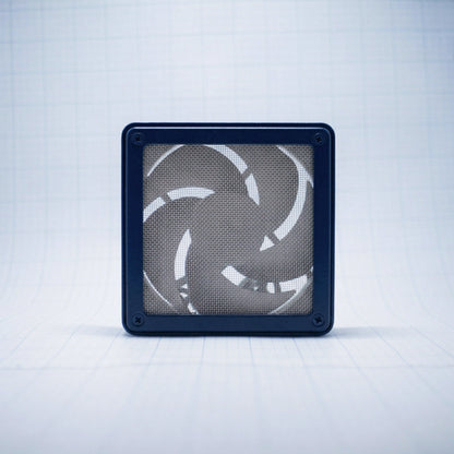 Navy Blue shell with raw steel mesh - 120mm Fan Shroud Filter & Outer Cover front view against white background with grid pattern. 