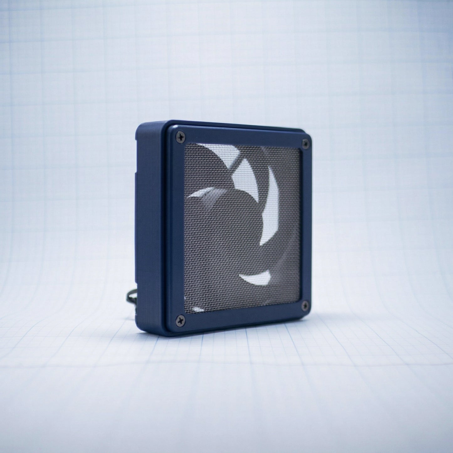 Navy Blue with Navy Blue mesh 120mm Fan Shroud Filter & Outer Cover with an angled front view against white background with grid pattern. 