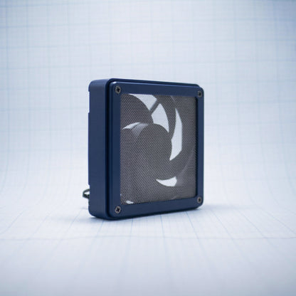 Navy Blue with Navy Blue mesh 120mm Fan Shroud Filter & Outer Cover with an angled front view against white background with grid pattern. 
