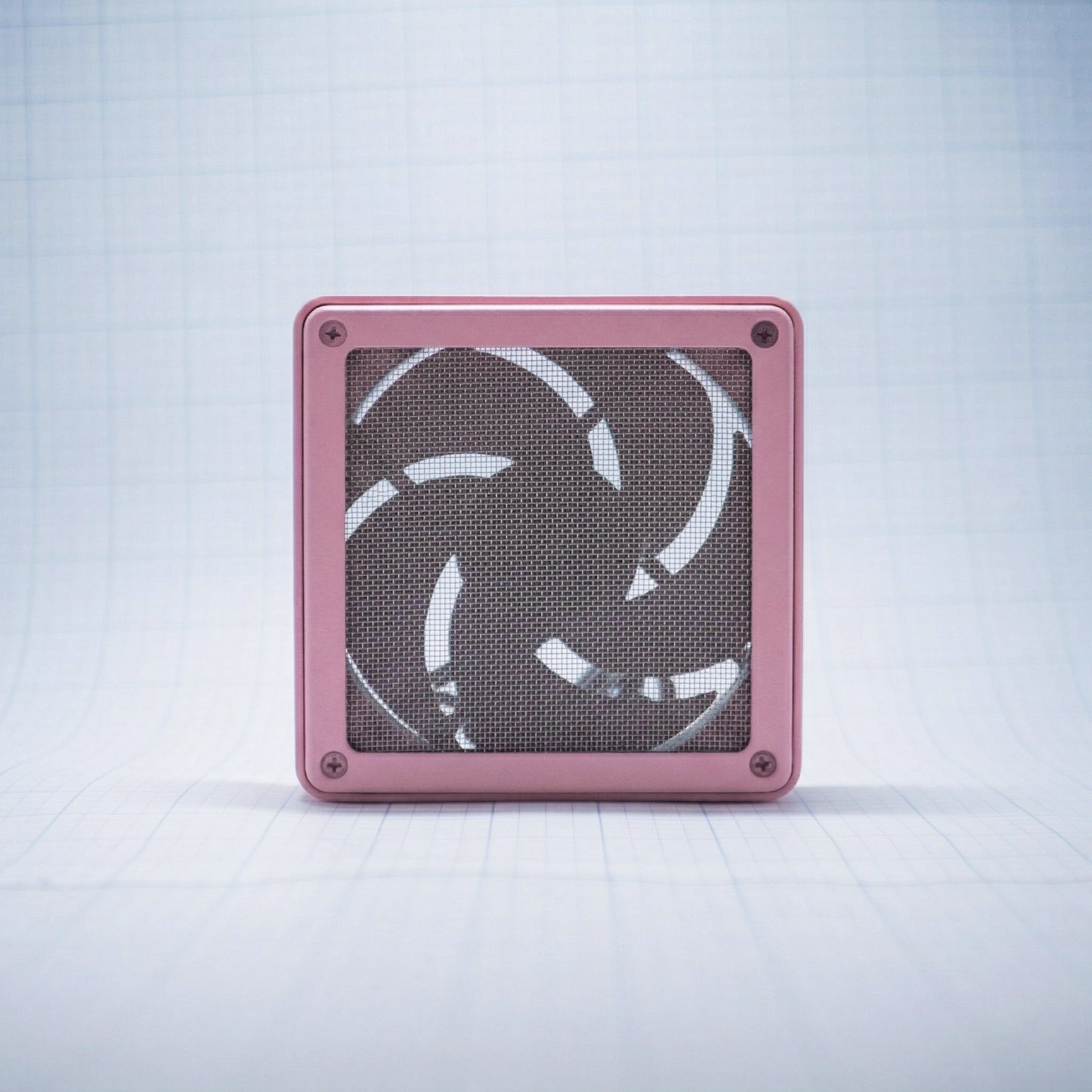 Pastel pink shell with pastel pink mesh - 120mm Fan Shroud Filter & Outer Cover front view against white background with grid pattern. 