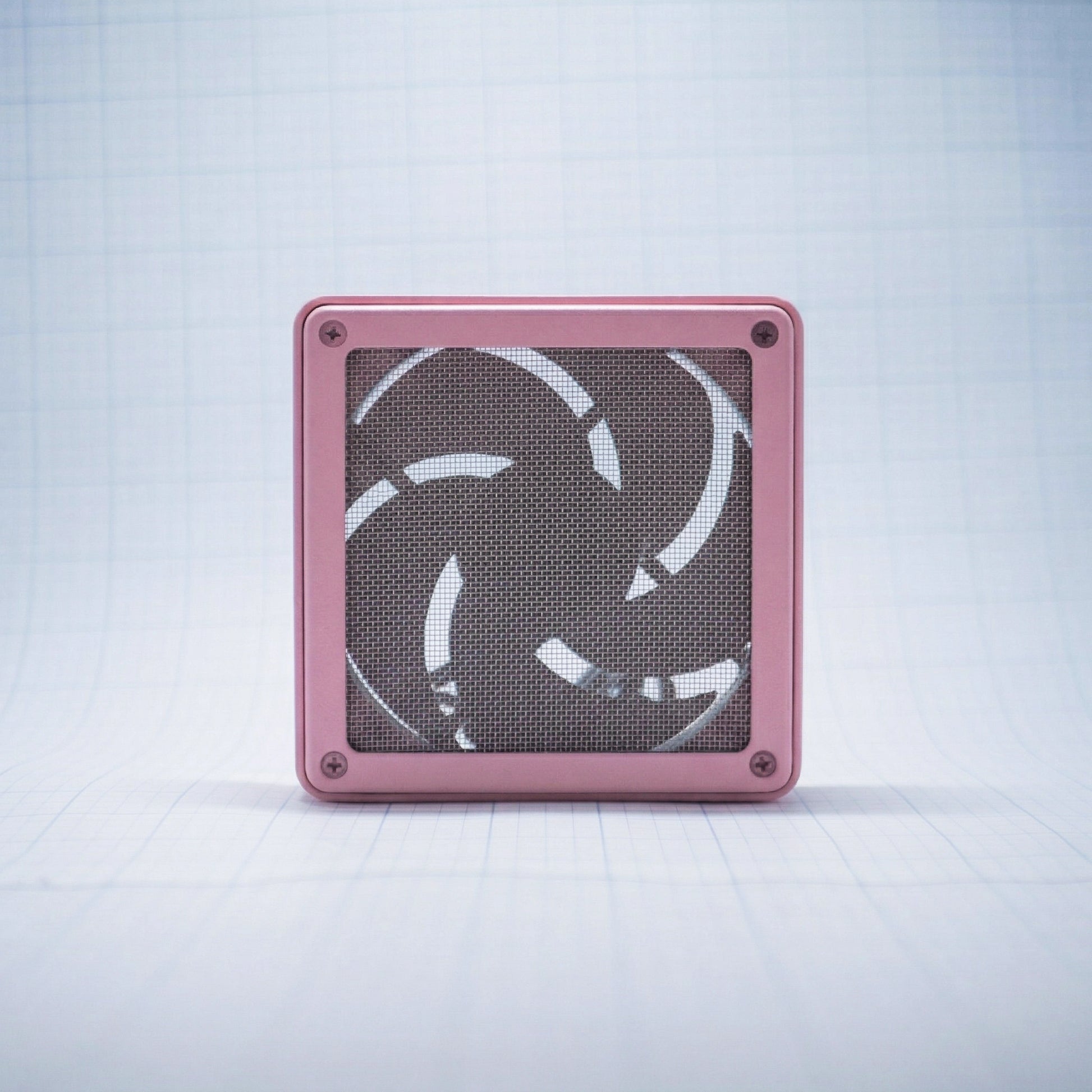 Pastel pink shell with pastel pink mesh - 120mm Fan Shroud Filter & Outer Cover front view against white background with grid pattern. 