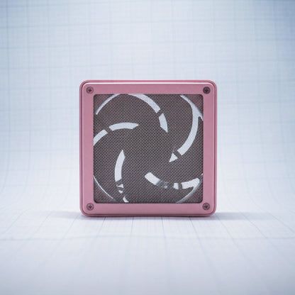 Pastel pink shell with pastel pink mesh - 120mm Fan Shroud Filter & Outer Cover front view against white background with grid pattern. 
