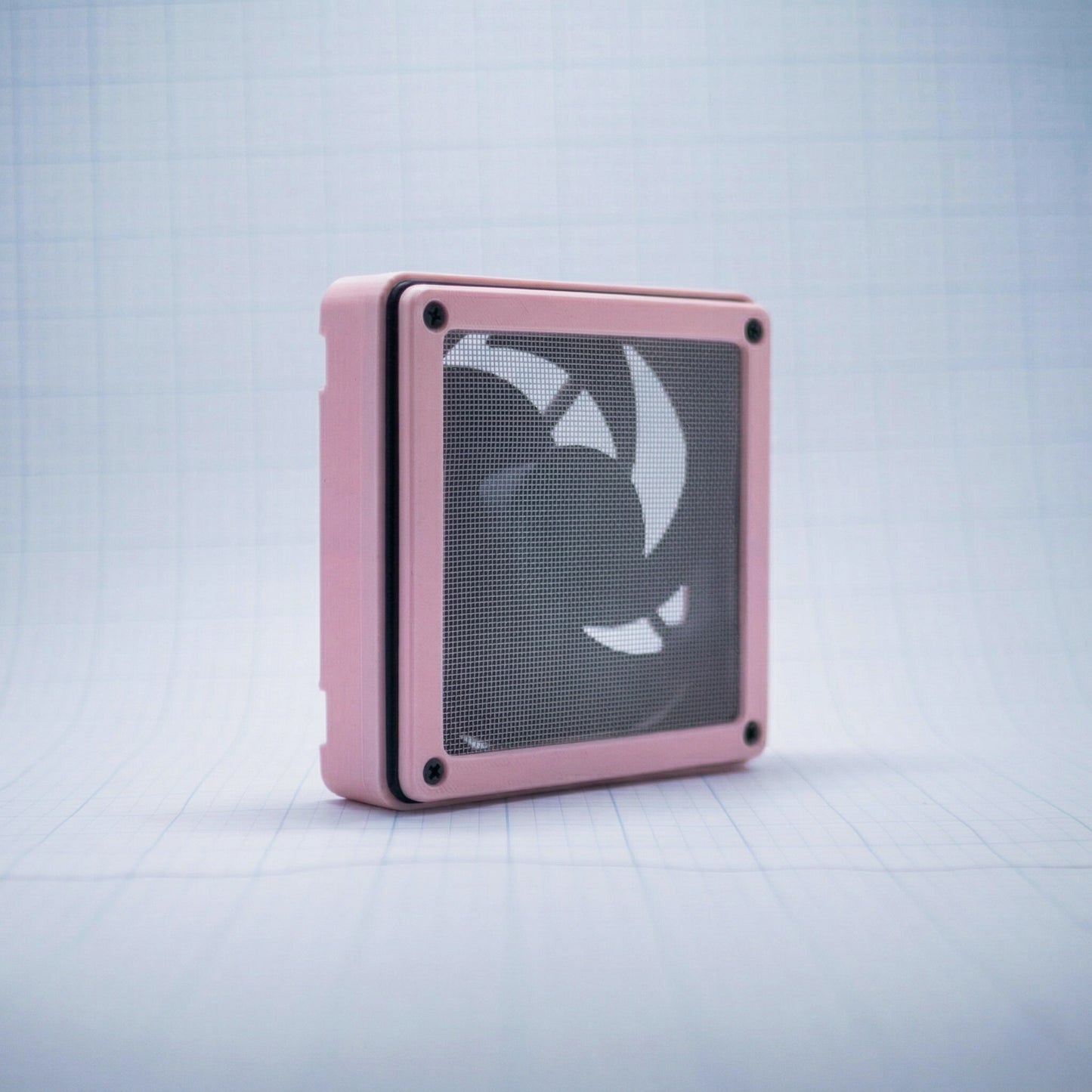 Pastel Pink with Pastel Pink 120mm Fan Shroud Filter & Outer Cover with an angled front view against white background with grid pattern. 