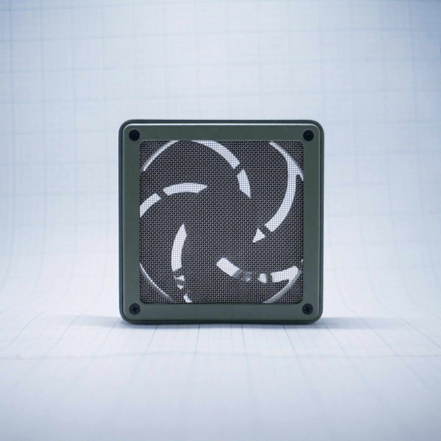 Sage green shell with raw steel mesh - 120mm Fan Shroud Filter & Outer Cover front view against white background with grid pattern. 