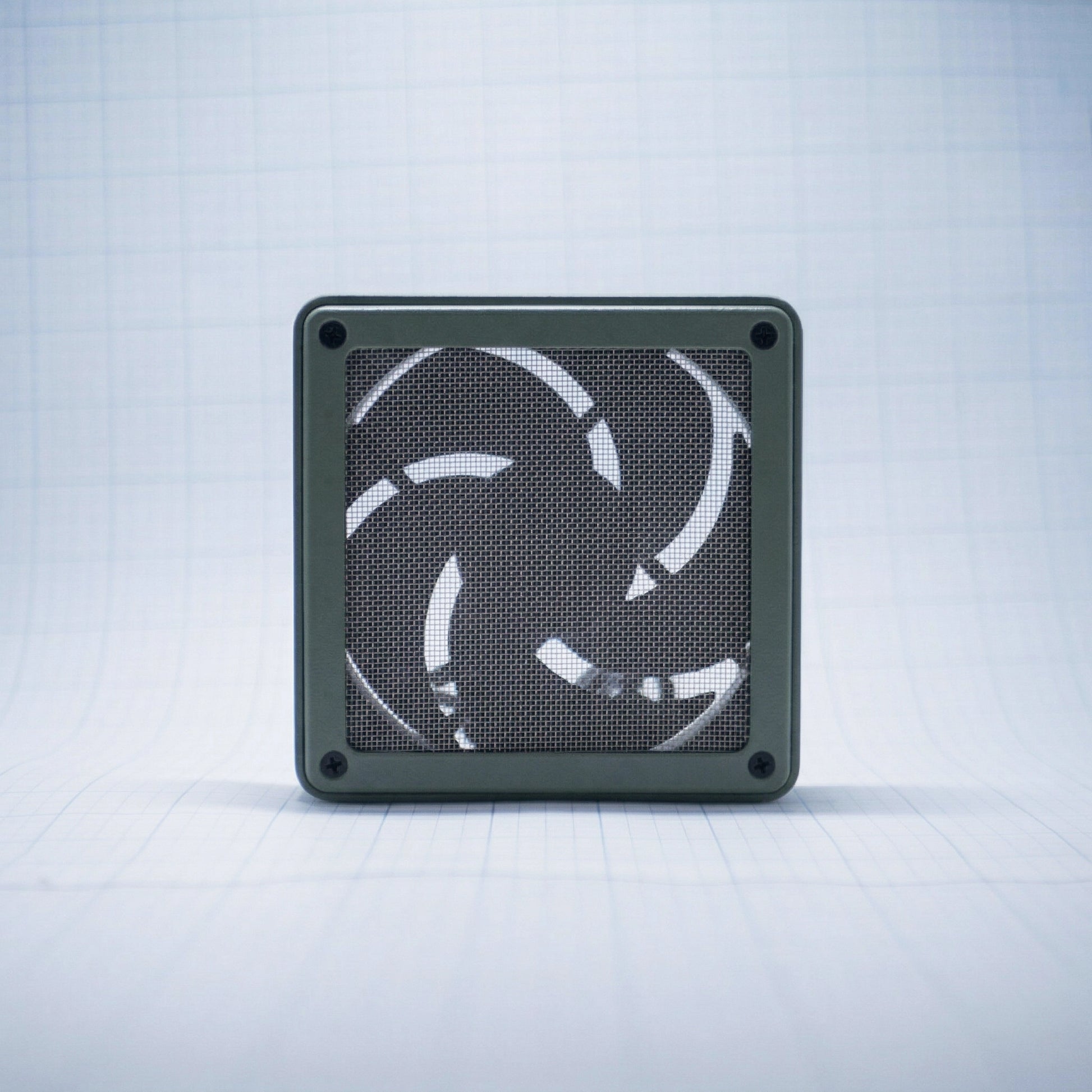 Sage green shell with raw steel mesh - 120mm Fan Shroud Filter & Outer Cover front view against white background with grid pattern. 