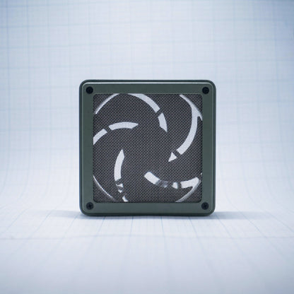 Sage green shell with raw steel mesh - 120mm Fan Shroud Filter & Outer Cover front view against white background with grid pattern. 