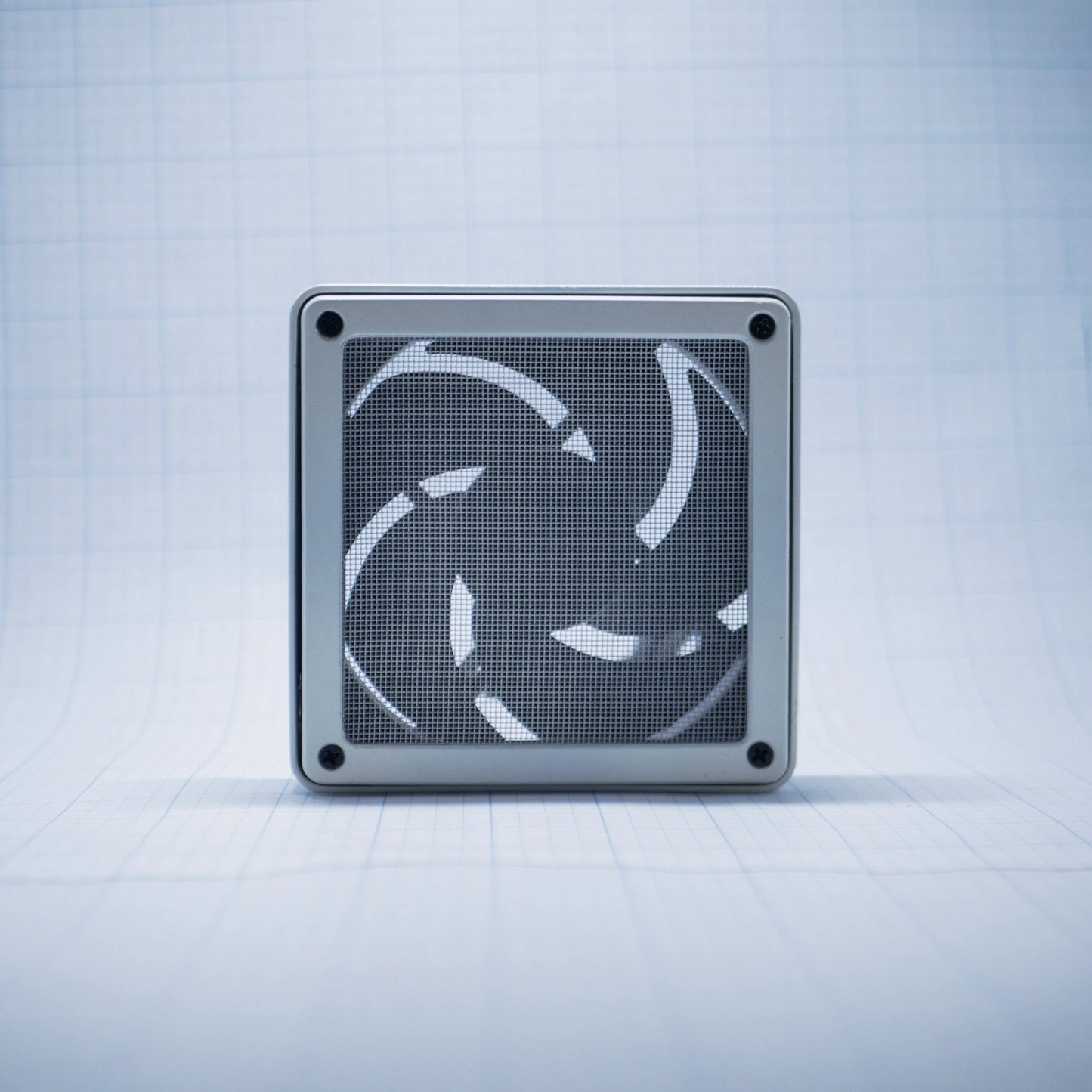 White shell with white mesh - 120mm Fan Shroud Filter & Outer Cover front view against white background with grid pattern. 