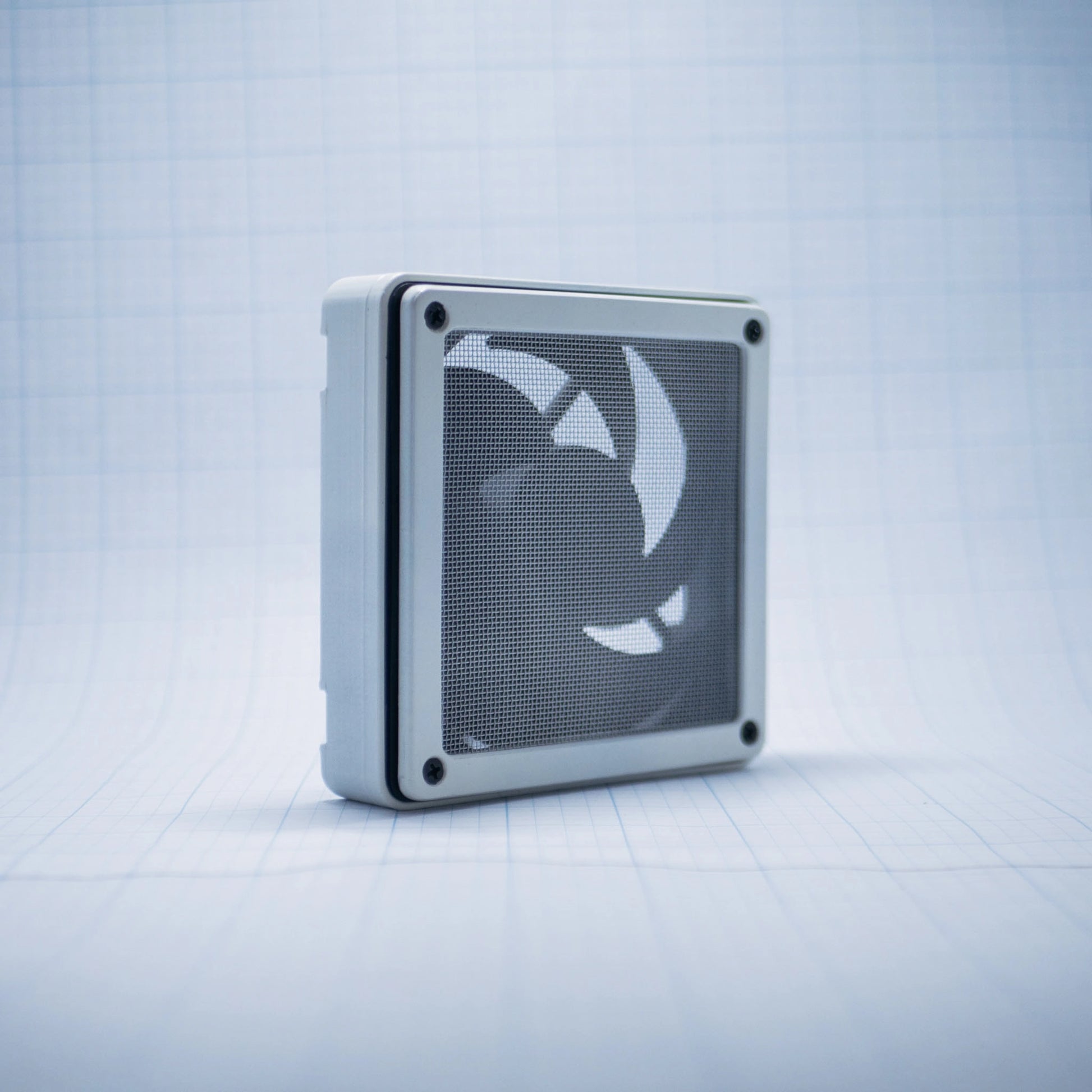 White with white mesh - 120mm Fan Shroud Filter & Outer Cover with an angled front view against white background with grid pattern. 