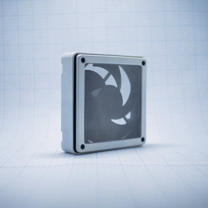 White with white mesh - 120mm Fan Shroud Filter & Outer Cover with an angled front view against white background with grid pattern. 