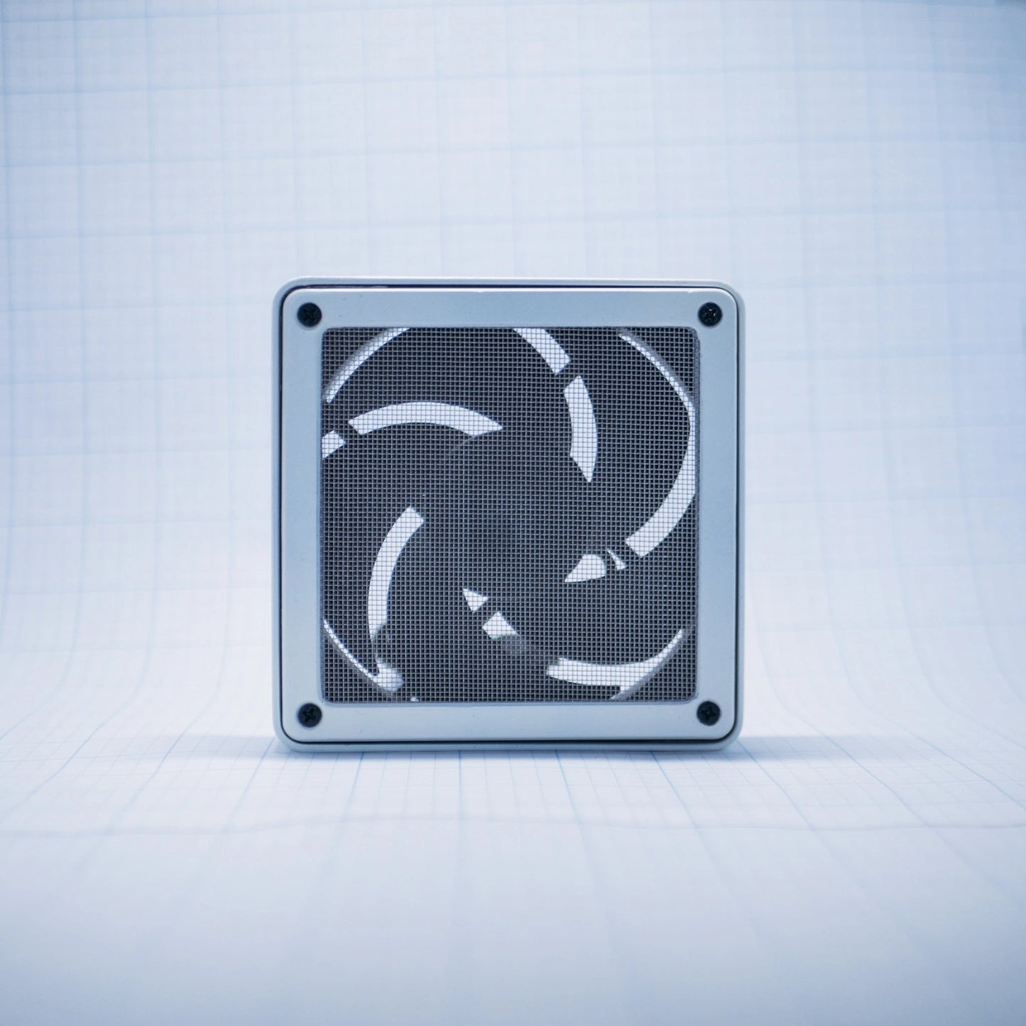 White shell with white mesh - 120mm Fan Shroud Filter & Outer Cover front view against white background with grid pattern. 