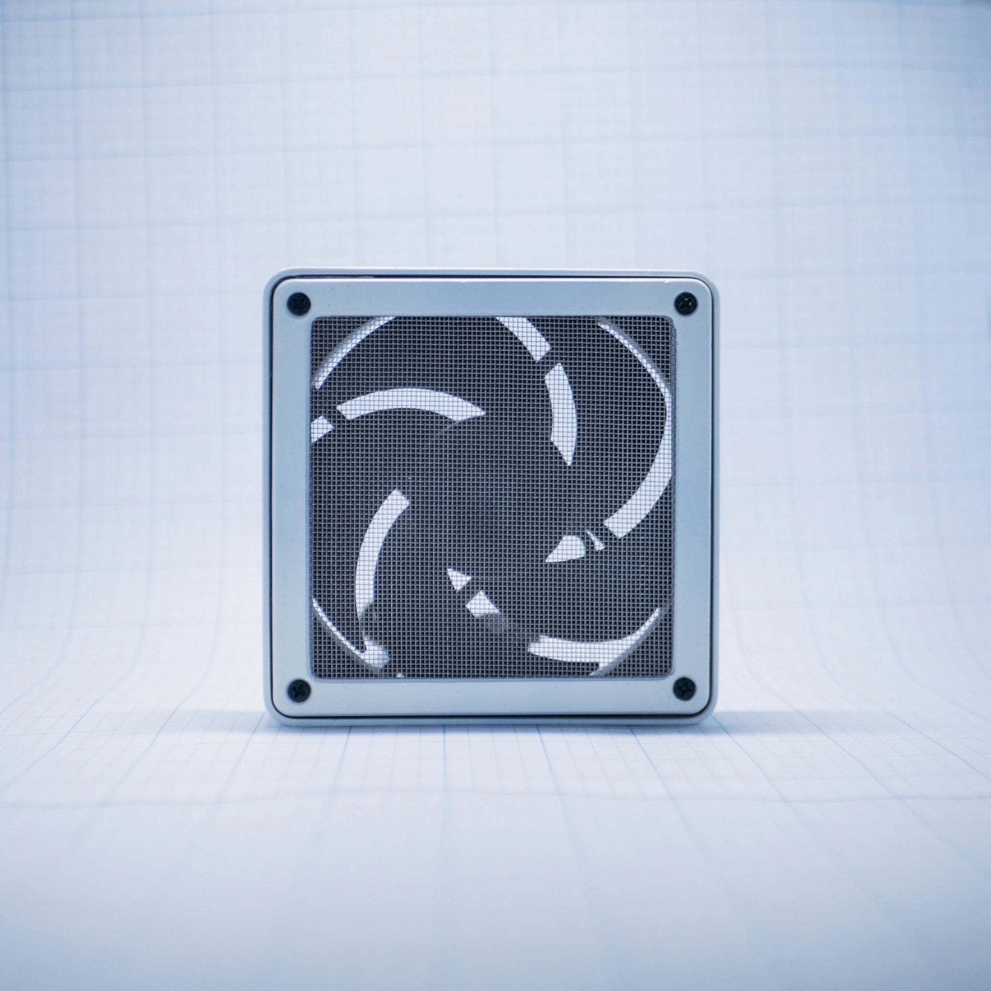 White shell with white mesh - 120mm Fan Shroud Filter & Outer Cover front view against white background with grid pattern. 