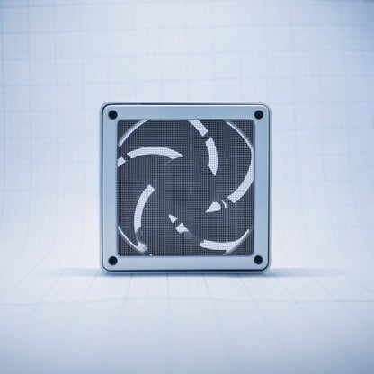 White shell with white mesh - 120mm Fan Shroud Filter & Outer Cover front view against white background with grid pattern. 