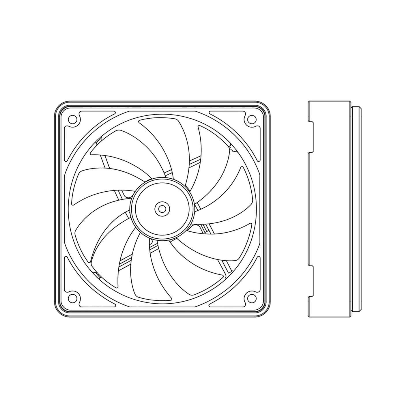 Line drawing of a 140mm computer fan on a white background
