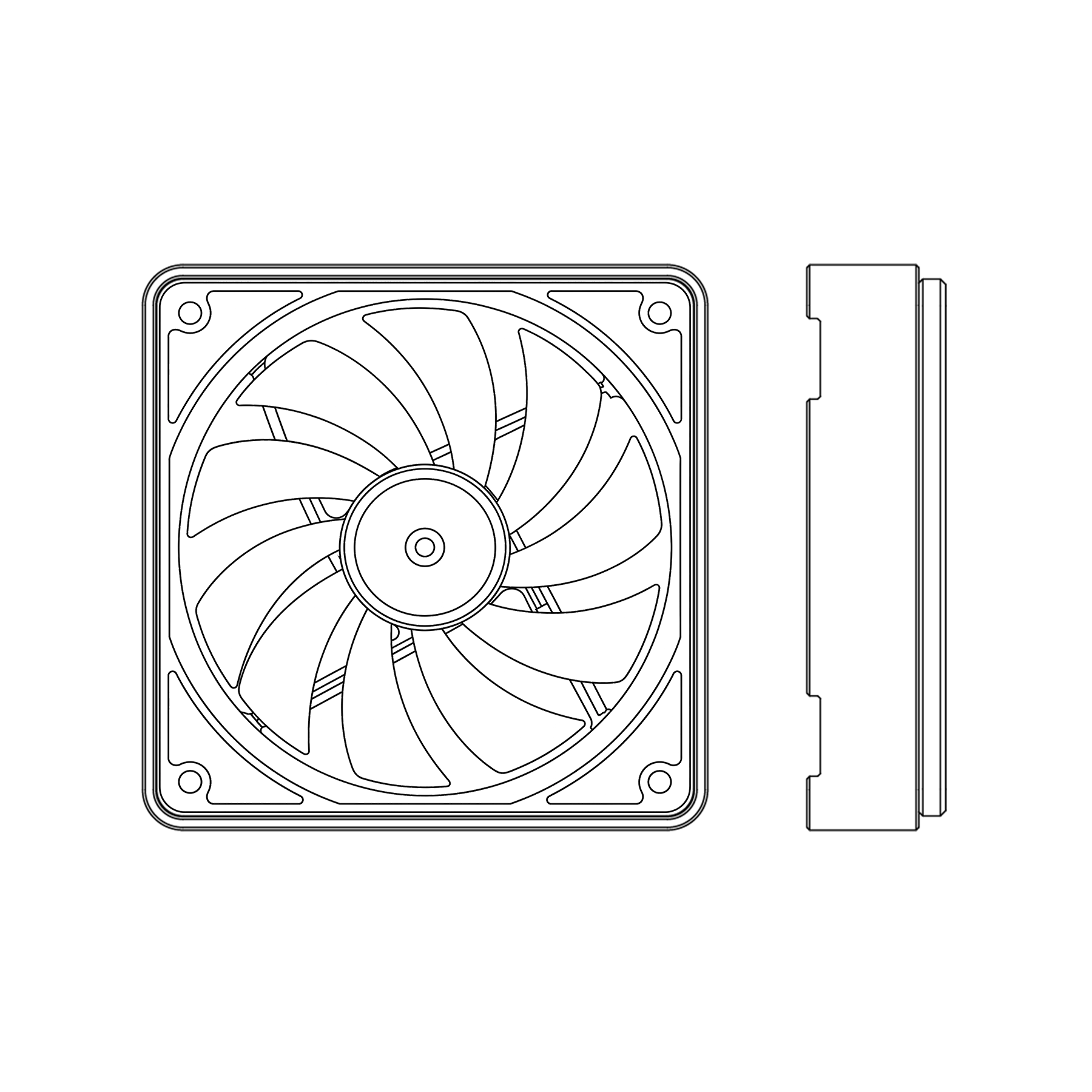 Line drawing of a 140mm computer fan on a white background