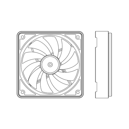Line drawing of a 140mm computer fan on a white background