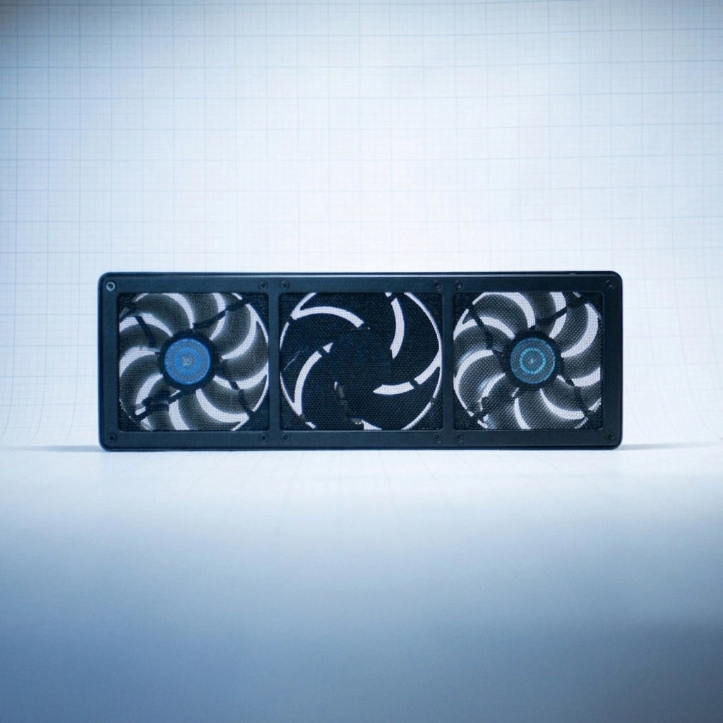 Black 360mm Fan Shroud Filter & Outer Cover against white background with grid pattern. 