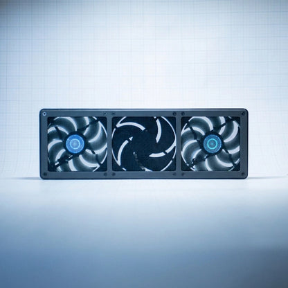 Charcoal Gray 360mm Fan Shroud Filter & Outer Cover against white background with grid pattern. 