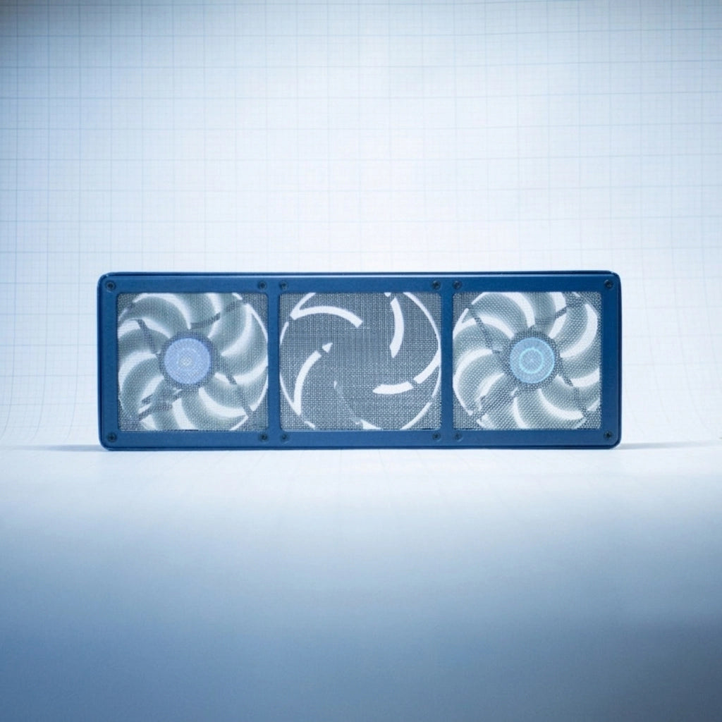 Navy Blue 360mm Fan Shroud Filter & Outer Cover against white background with grid pattern. 