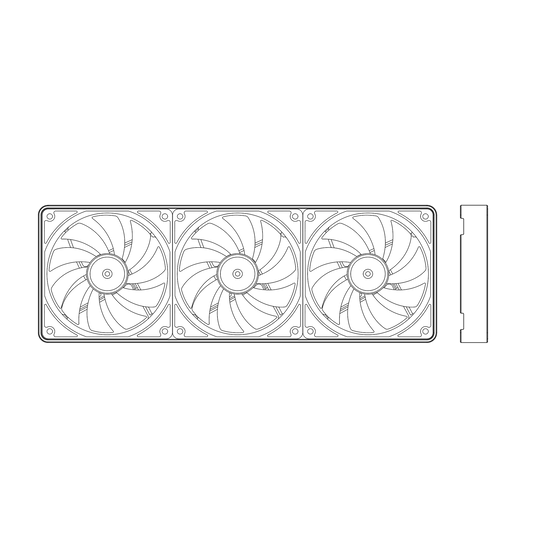 Technical drawing of a 360mm computer PC fan outer cover with three fans on a white background