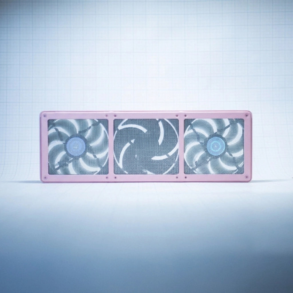 Pastel Pink 360mm Fan Shroud Filter & Outer Cover against white background with grid pattern. 