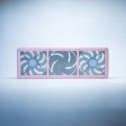 Pastel Pink 360mm Fan Shroud Filter & Outer Cover against white background with grid pattern. 