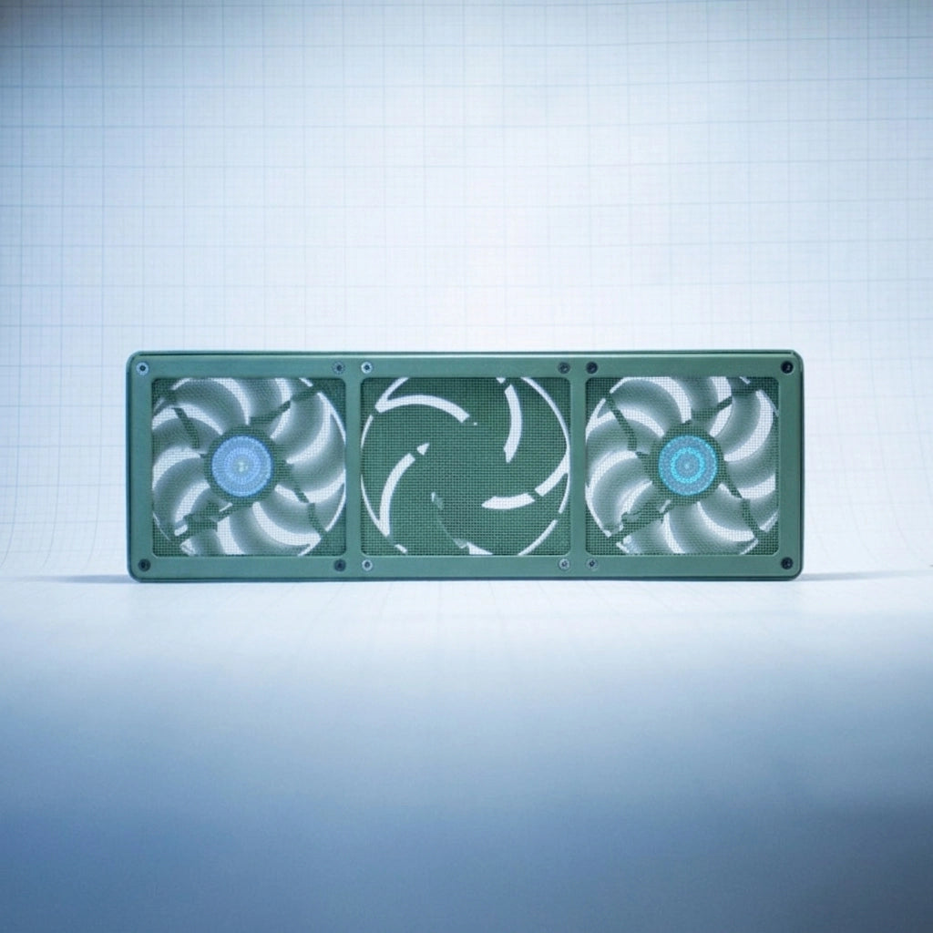 Sage Green 360mm Fan Shroud Filter & Outer Cover against white background with grid pattern. 