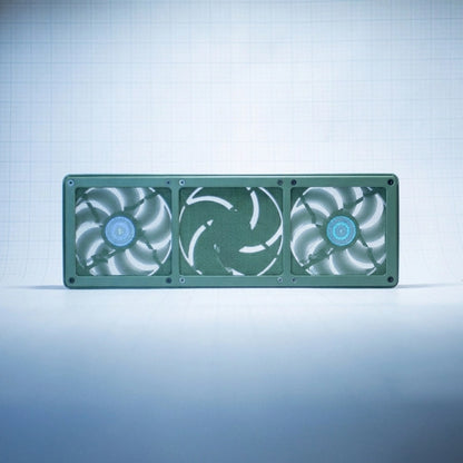 Sage Green 360mm Fan Shroud Filter & Outer Cover against white background with grid pattern. 