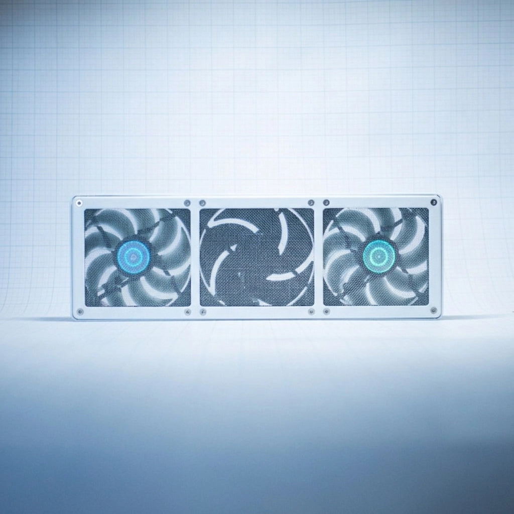 White 360mm Fan Shroud Filter & Outer Cover against white background with grid pattern. 