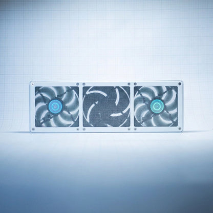White 360mm Fan Shroud Filter & Outer Cover against white background with grid pattern. 