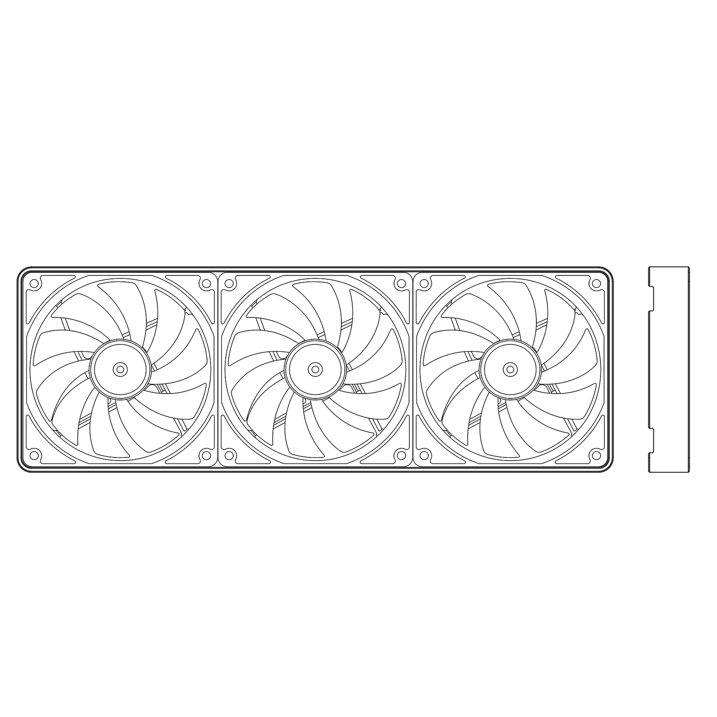Line drawing of a 420mm computer PC fan outer cover with three fans on a white background