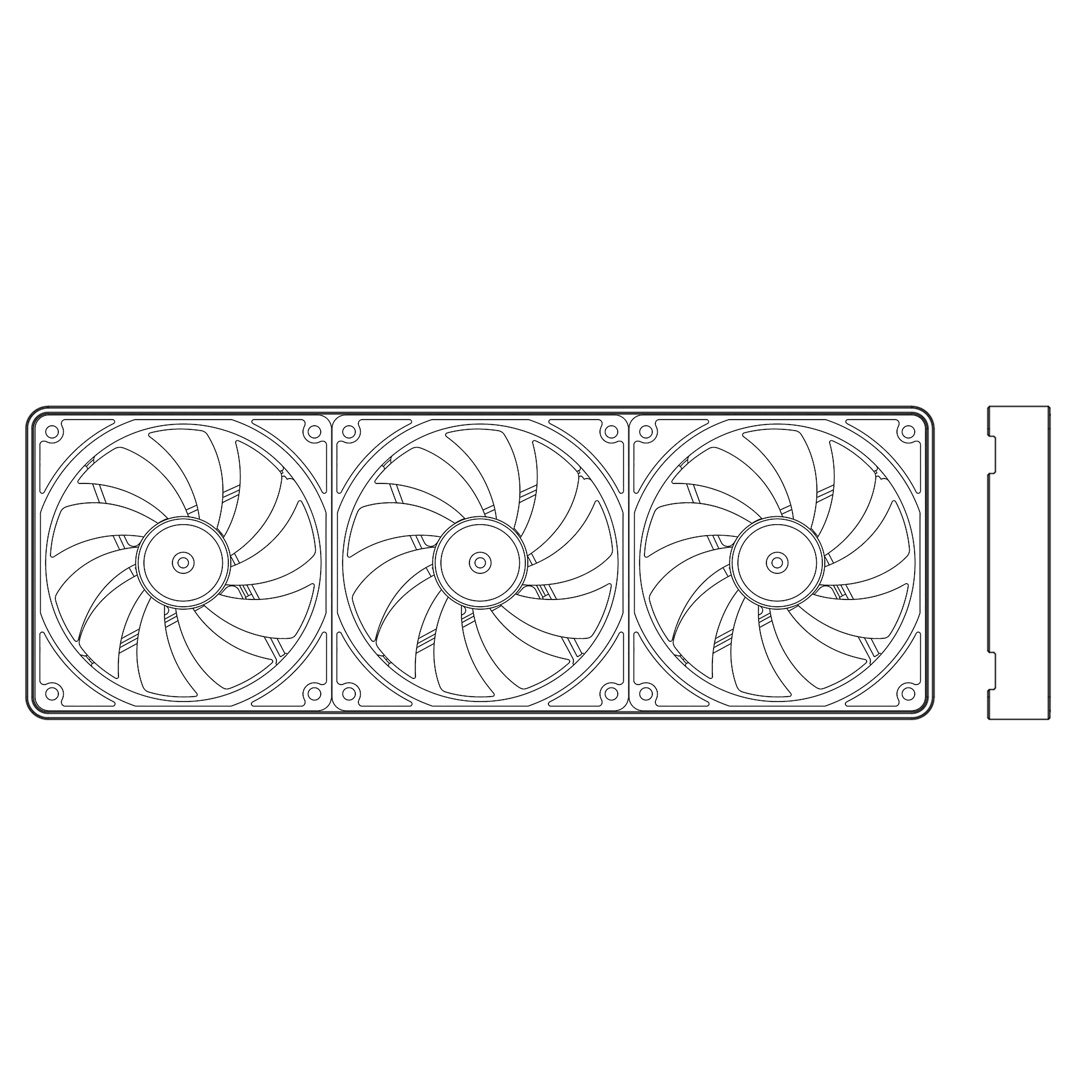 Line drawing of a 420mm computer PC fan outer cover with three fans on a white background