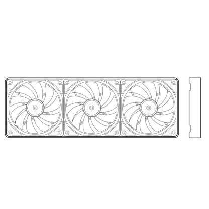Line drawing of a 420mm computer PC fan outer cover with three fans on a white background