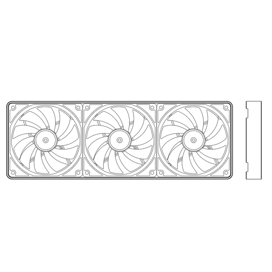 Line drawing of a 420mm computer PC fan outer cover with three fans on a white background